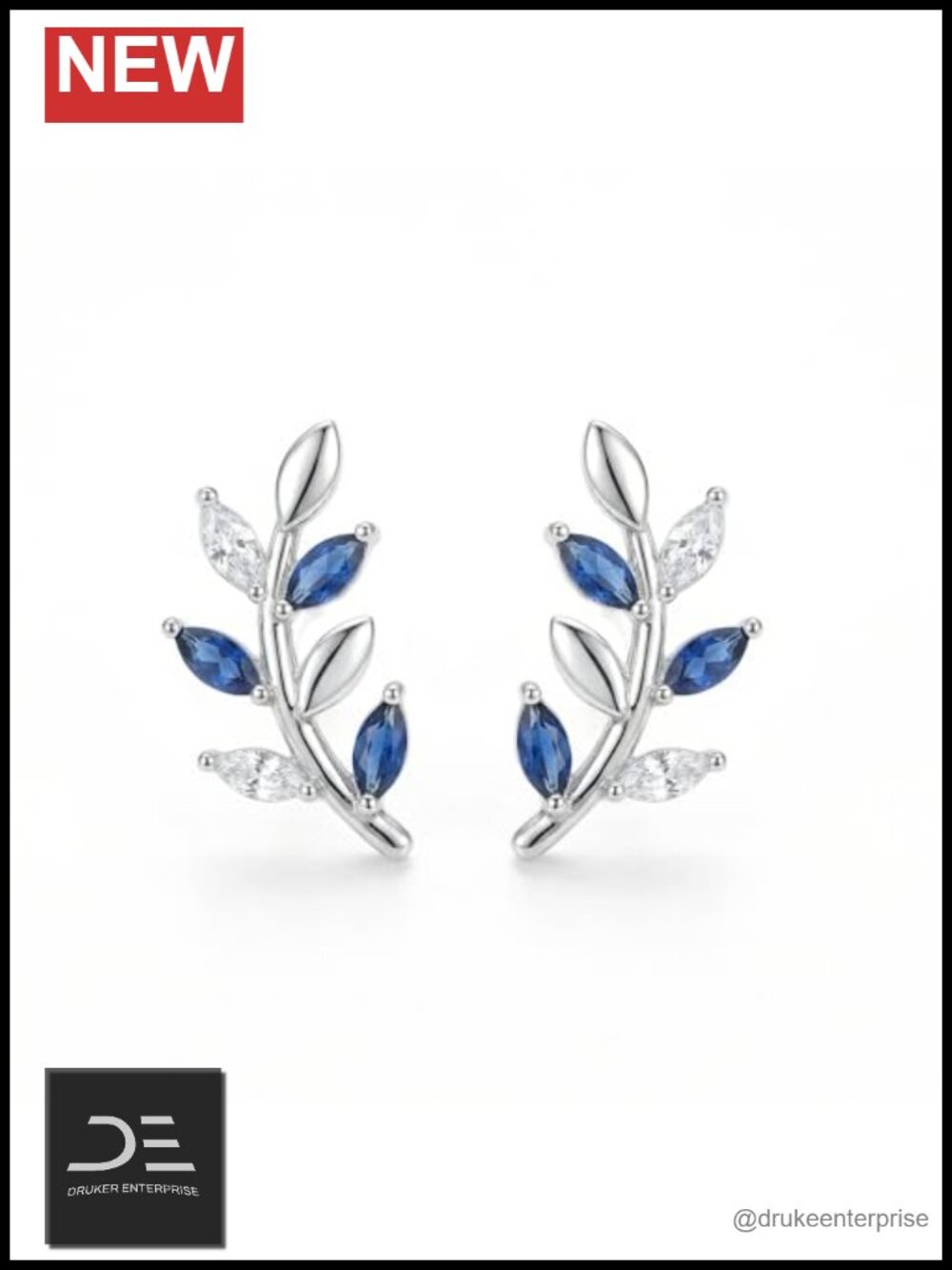 925 Sterling Silver Leaf Stud Earrings, Lab Grown Sapphire, Nature Inspired